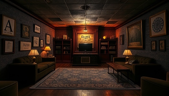 An atmospheric virtual room with complex puzzles, mysterious clues, and interactive elements, capturing the essence of the thrilling escape room experience.