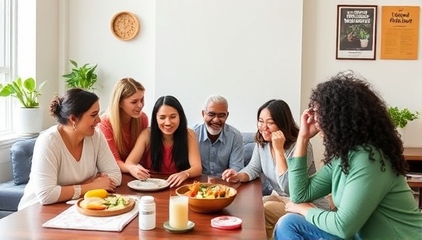 A supportive online community setting with users sharing allergy-friendly recipes, product recommendations, and personal stories of overcoming dietary challenges, creating a safe and welcoming space for individuals navigating food allergies and restrictions.