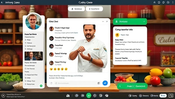 An interactive virtual cooking class interface showcasing a chef demonstrating a recipe, with a chat feature for participant interaction, ingredient list display, and a vibrant kitchen backdrop, creating an immersive and engaging cooking experience.