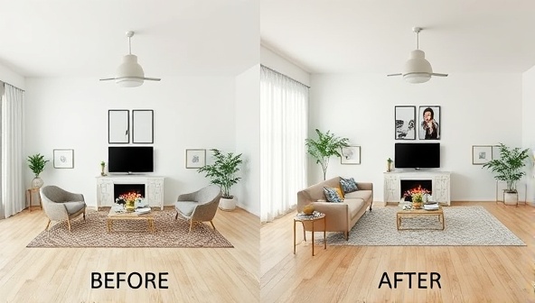 A split-screen image showing a room before and after virtual staging, highlighting the transformation with modern furniture and decor elements. The 'before' side looks plain, while the 'after' side appears stylish and inviting.