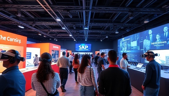 An artistic rendering of a virtual event space with attendees wearing VR headsets, interacting with digital booths and presentations, illustrating the futuristic and engaging nature of virtual reality events facilitated by the platform.