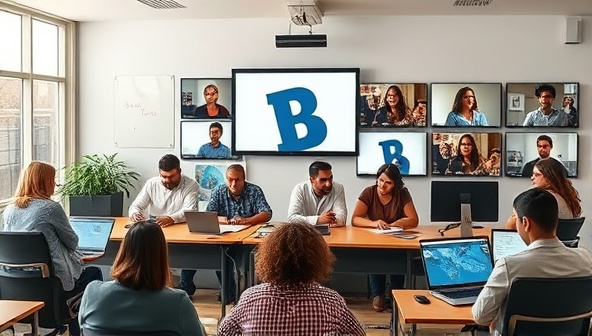 A virtual classroom environment with diverse participants attending a skill development bootcamp online, engaging in group discussions, virtual workshops, and collaborative projects, showcasing the dynamic and interactive nature of the learning experience.