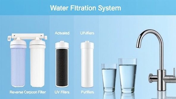An informative graphic showing different types of water filtration systems like reverse osmosis filters, activated carbon filters, and UV purifiers, alongside clean water glasses and a faucet, symbolizing purity and health through filtered water solutions.