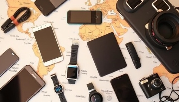 An array of sleek tech gadgets laid out on a travel-themed background, including smartphones, tablets, smartwatches, and compact cameras, enticing travelers to elevate their tech game with TechTrek Rentals.