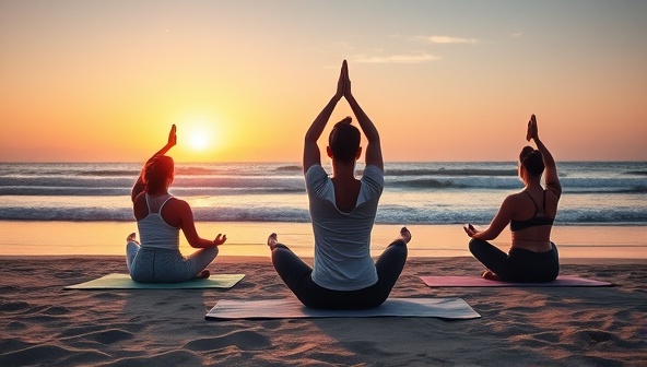 A tranquil yoga session by the beach at sunset, with digital nomads meditating and practicing mindfulness, surrounded by nature's beauty and the calming sound of ocean waves, illustrating the serene and rejuvenating experience of the wellness retreats.