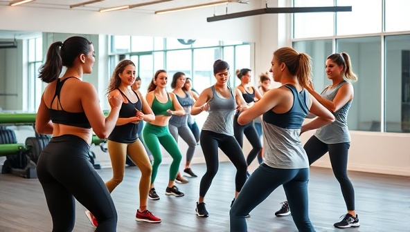 An energetic fitness scene with virtual trainers leading a group workout session, showcasing a diverse group of participants exercising together in a dynamic and motivating environment, emphasizing the online fitness challenge experience.