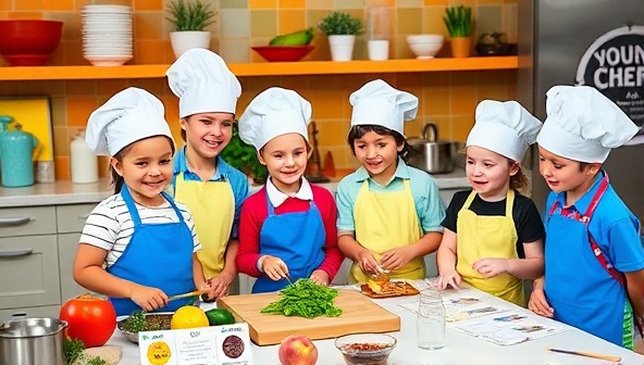 A colorful and dynamic kitchen setting with children wearing chef hats and aprons, eagerly participating in a cooking workshop, surrounded by ingredients, utensils, and recipe cards, showcasing the fun and educational environment of YoungChef Academy's culinary skills workshops for kids.