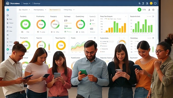 An interactive dashboard displaying energy consumption data graphs and eco-friendly recommendations, with a diverse group of customers happily reviewing their energy-saving progress on various devices.