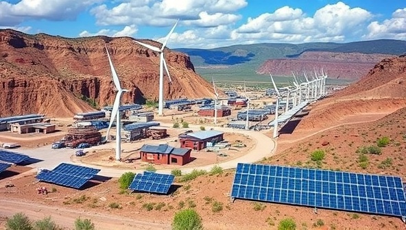 A picturesque mining town landscape with solar panels and wind turbines integrated seamlessly into the environment, providing clean energy to mining operations and nearby communities, illustrating the harmony between renewable energy and sustainable mining practices.