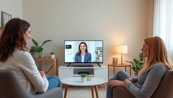 A calming virtual therapy room setting with a therapist and a client engaging in a video session, displaying a safe and supportive environment for mental health discussions.