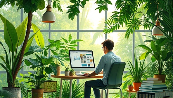An artistic representation of a web designer working in a lush, green environment, surrounded by eco-friendly design materials and digital tools, emphasizing the harmony between nature and technology in sustainable web design.