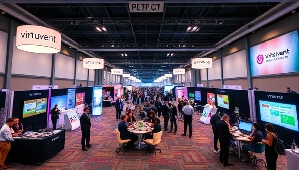 A virtual event hall filled with digital booths, interactive workshops, and networking lounges, showcasing the versatility and engagement opportunities offered by the Virtuvent platform for hosting virtual events.