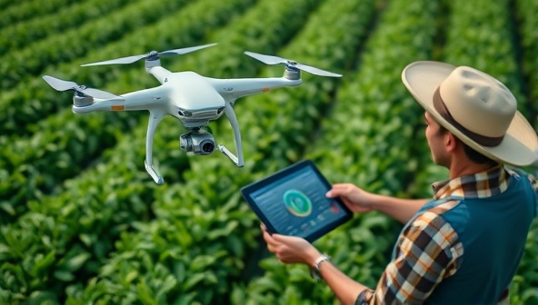 An agricultural drone hovering over a lush green field, capturing data with precision sensors, while a farmer looks at a tablet displaying real-time crop information, highlighting technology integration and data-driven farming practices.