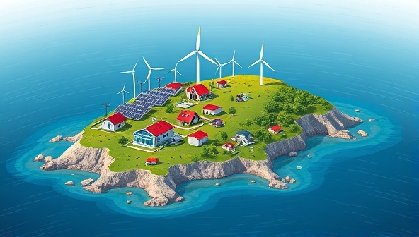 An illustration of a remote island community powered by a renewable energy microgrid system, featuring solar panels, wind turbines, and battery storage units seamlessly integrated into the natural landscape, providing clean and reliable electricity for homes and businesses, symbolizing energy independence and environmental stewardship.