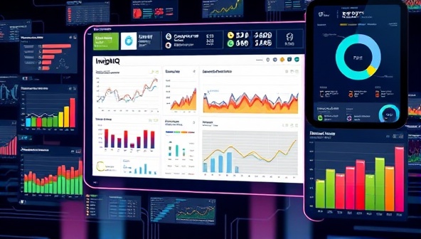 A dynamic visualization of a digital marketing dashboard displaying real-time analytics data and AI-generated insights, surrounded by colorful graphs and charts representing key performance metrics, illustrating the advanced analytics capabilities and strategic value of InsightIQ for businesses.