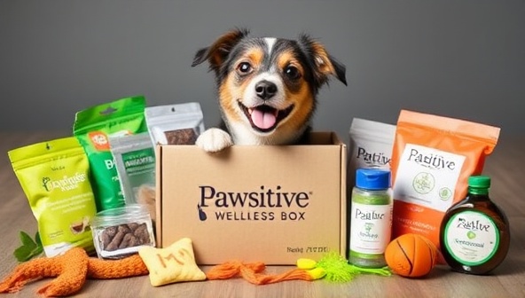 An adorable pet enjoying the contents of a Pawsitive Wellness Box, surrounded by natural treats, toys, and grooming products, capturing the joy and well-being that the subscription service brings to furry companions.