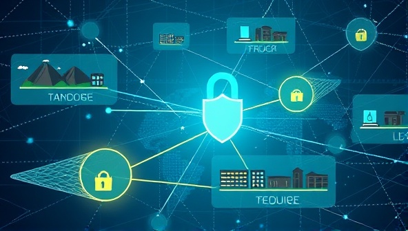 An illustrative visualization of a blockchain network connecting mining sites, processing facilities, and end-users through secure digital ledgers, symbolizing transparency and integrity in the mining supply chain facilitated by TransMine Ledger.