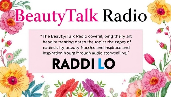 An artistic podcast cover design featuring vibrant beauty-themed illustrations and text, representing the diverse topics covered in the BeautyTalk Radio network, capturing the essence of beauty knowledge and inspiration through audio storytelling.