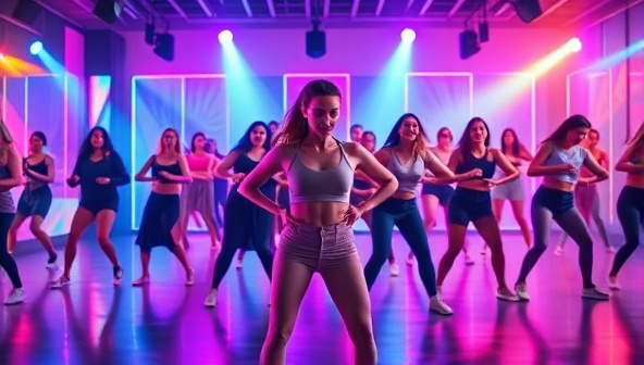 A dynamic virtual dance fitness class scene featuring an instructor leading a diverse group of participants in a high-energy routine, set against a vibrant background with colorful lights and music, creating a lively and immersive dance workout experience.