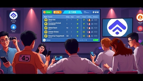 An animated scene featuring a diverse group of gamers and influencers playing a branded game on various devices, a virtual leaderboard displaying high scores and prizes, and a brand logo seamlessly integrated into the gaming experience, illustrating fun and engagement.