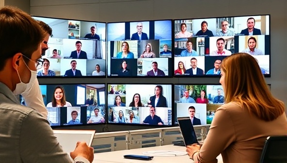 A virtual event planner coordinating an online conference setup on multiple screens, with attendees from diverse backgrounds interacting virtually, illustrating the dynamic and interactive nature of VirtualVibe Events' services.