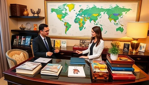 A luxurious travel desk adorned with exotic souvenirs, travel guides, and a world map, with a dedicated concierge assisting a client in selecting bespoke travel experiences, conveying the personalized and attentive service provided by WanderWise Concierge.