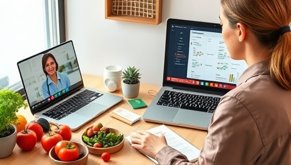 A professional nutritionist conducting a virtual consultation with a client via a video call, surrounded by healthy food ingredients, a notepad with meal plans, and a laptop displaying nutritional charts and recommendations, conveying expertise and personalized care.
