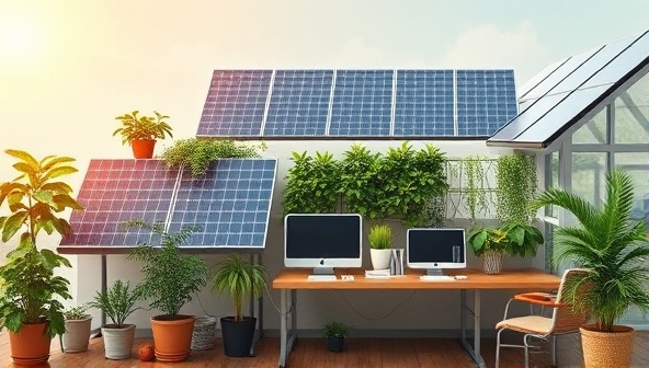 An artistic representation of a website design studio powered by solar panels with greenery and natural elements integrated into the workspace, conveying the essence of eco-friendliness and sustainability in web design.