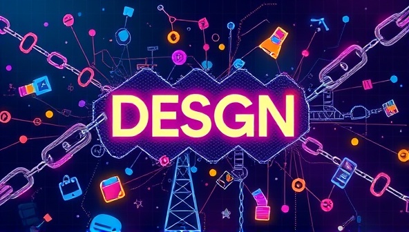 An artistic representation of a decentralized design marketplace on BlockWebDesign, featuring blockchain elements like chains, nodes, and digital assets intertwining with web design symbols and visuals, symbolizing the fusion of technology and creativity in the platform.