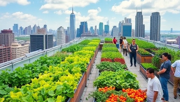 An inspiring image of the SkyHarvest Community rooftop farm with lush green plants, colorful vegetables, and community members actively tending to their plots, sharing knowledge, and enjoying the fruits of their labor against the backdrop of a bustling city skyline, illustrating the beauty and productivity of urban rooftop farming.