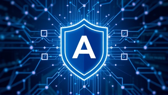 An abstract representation of interconnected blockchain blocks forming a shield around a digital ad, symbolizing security and trust in ad verification powered by blockchain technology.