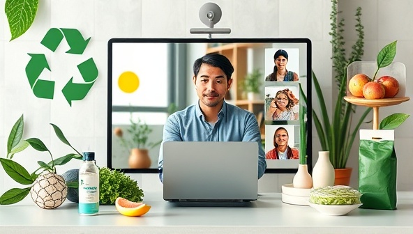 A virtual consultancy setting with an eco-friendly theme, featuring a consultant discussing sustainable food practices with a diverse group of clients via video conference, surrounded by visuals of recycling symbols, organic produce, and eco-conscious packaging, conveying a message of environmental responsibility and positive change in the food industry.