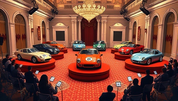 An exclusive digital illustration showcasing a luxurious virtual auction hall with rare and vintage cars displayed on pedestals, surrounded by virtual attendees participating in a bidding war, with virtual gavels and bidding paddles enhancing the immersive auction experience for enthusiasts.