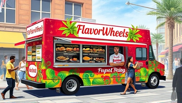 An artistic rendering of a FlavorWheels Express food truck adorned with colorful graphics, serving gourmet street food dishes with international flair, surrounded by a bustling street scene and happy customers enjoying the unique culinary offerings, capturing the essence of the franchise's mobile gourmet dining experience.