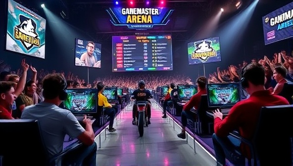 An action-packed image of gamers competing in a virtual arena, with spectators cheering in the background and a scoreboard displaying the tournament standings, capturing the intensity and excitement of GameMaster Arena tournaments.