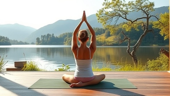 A serene virtual yoga session with an instructor guiding participants through poses against a peaceful backdrop of nature, promoting relaxation and mindfulness in the comfort of home.