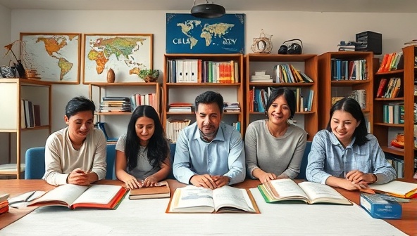 An online language class setting with a diverse group of students engaging in a virtual lesson, surrounded by language textbooks, cultural artifacts, and a world map, reflecting the interactive and immersive language learning experience offered by GlobeSpeak Academy.