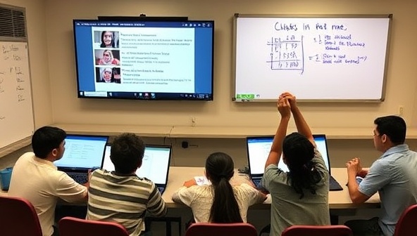 An engaging virtual math class with interactive lessons, digital whiteboards, and students solving math problems collaboratively, showcasing the dynamic and educational environment of MathWiz Online.