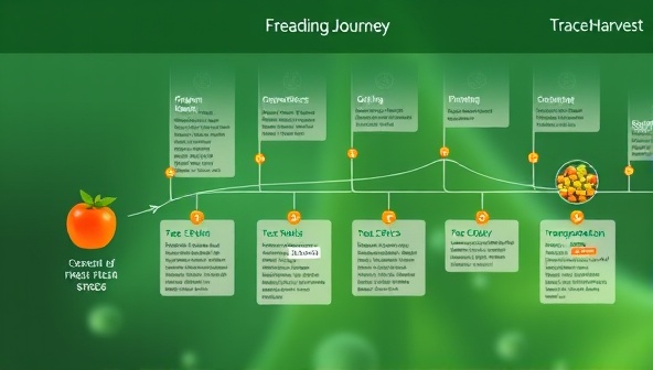 An interactive blockchain visualization displaying the journey of a fresh produce item from farm to table, with transparent data points on origin, farming practices, transportation details, and quality checks, showcasing the transparency and accountability facilitated by the TraceHarvest platform.