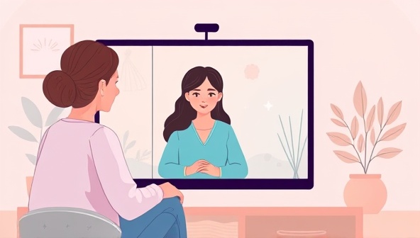 An emotional illustration of a virtual therapy session, featuring a counselor providing support to a client through a screen, calming mindfulness visuals, and soothing colors representing the compassionate and healing environment of MindfulRx Care mental wellness subscription therapy service.
