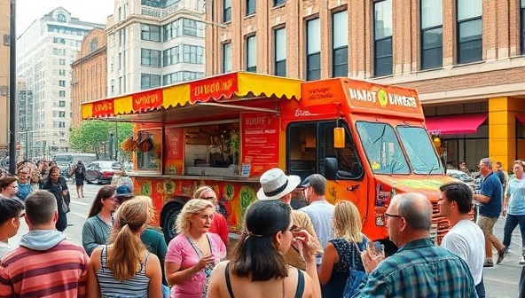 A vibrant food truck parked in a bustling city street, surrounded by a diverse crowd of customers enjoying plant-based burgers and tacos under a colorful canopy, exuding a lively and eco-friendly vibe.