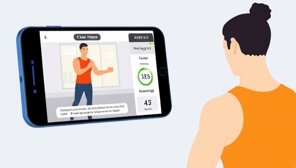An engaging graphic showing a virtual personal trainer guiding a client through a workout via a mobile app, with exercise animations, progress tracking features, and motivational messages on the screen, conveying the convenience and effectiveness of virtual training.