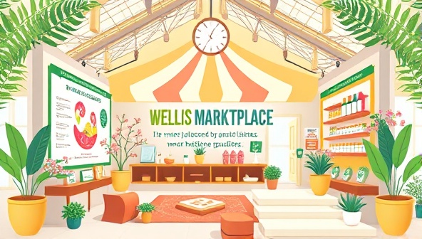 A vibrant digital illustration of a virtual wellness marketplace, showcasing a variety of wellness services and products such as yoga classes, organic products, meditation guides, and mental health resources, promoting a holistic approach to well-being.