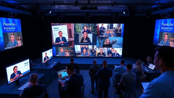 An interactive virtual event interface displaying a webinar in progress with engaged attendees participating in discussions and networking activities, illustrating the dynamic and immersive nature of online gatherings facilitated by the platform.