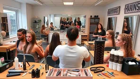 A dynamic virtual hairstyling classroom setup with a professional stylist demonstrating intricate hair braiding and styling techniques on a diverse range of models, surrounded by a variety of hair tools, accessories, and styling products, inspiring participants to unleash their creativity and master new hair skills.