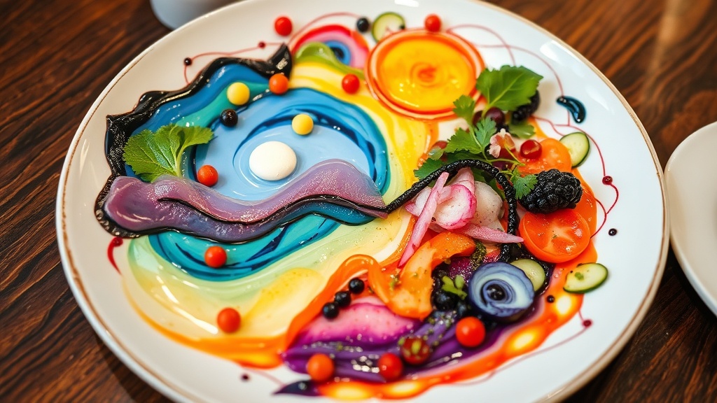 A beautifully plated dish resembling a vibrant and intricate painting, showcasing a fusion of colors, textures, and ingredients arranged in an artistic and visually appealing manner.