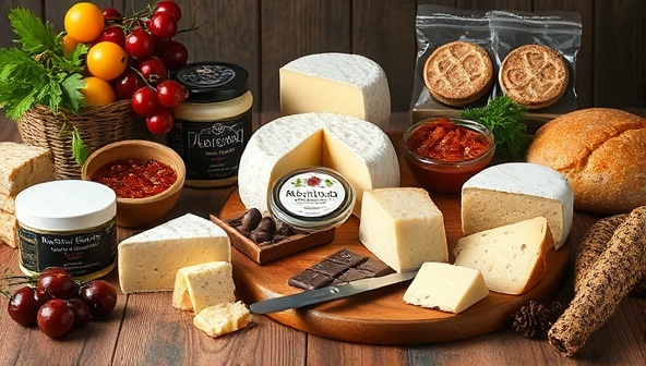 An exquisite spread of artisanal food products like gourmet cheeses, artisan chocolates, and handcrafted preserves elegantly arranged on a rustic wooden table, accompanied by fresh produce and artisan bread, creating a visually enticing and mouth-watering display of culinary delights, showcasing the essence of the online artisanal food marketplace.