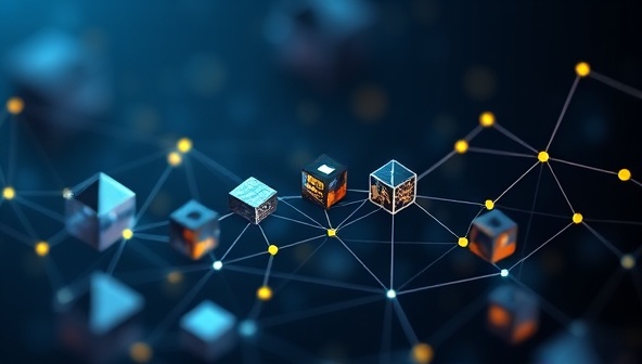 An elegant visual representation of a blockchain network with interconnected blocks representing different stages of a mineral's journey, from extraction to processing to distribution, highlighting the transparency and security of blockchain-based mineral tracking offered by BlockMine Trace.