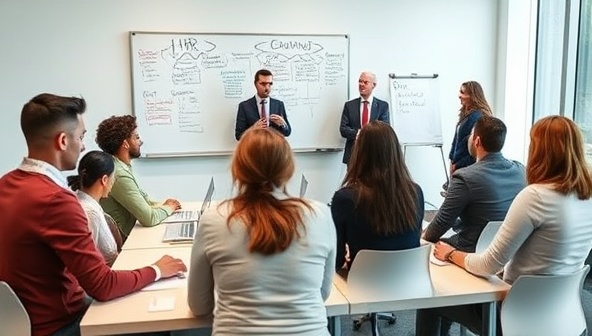 A modern classroom setup with a diverse group of professionals engaging in a lively discussion, a whiteboard filled with HR concepts, and a trainer facilitating a training session, creating a collaborative and interactive learning environment.
