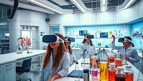 An immersive VR science lab environment with students wearing VR headsets, conducting experiments, and observing virtual reactions, surrounded by futuristic lab equipment and interactive elements, creating a cutting-edge educational experience.